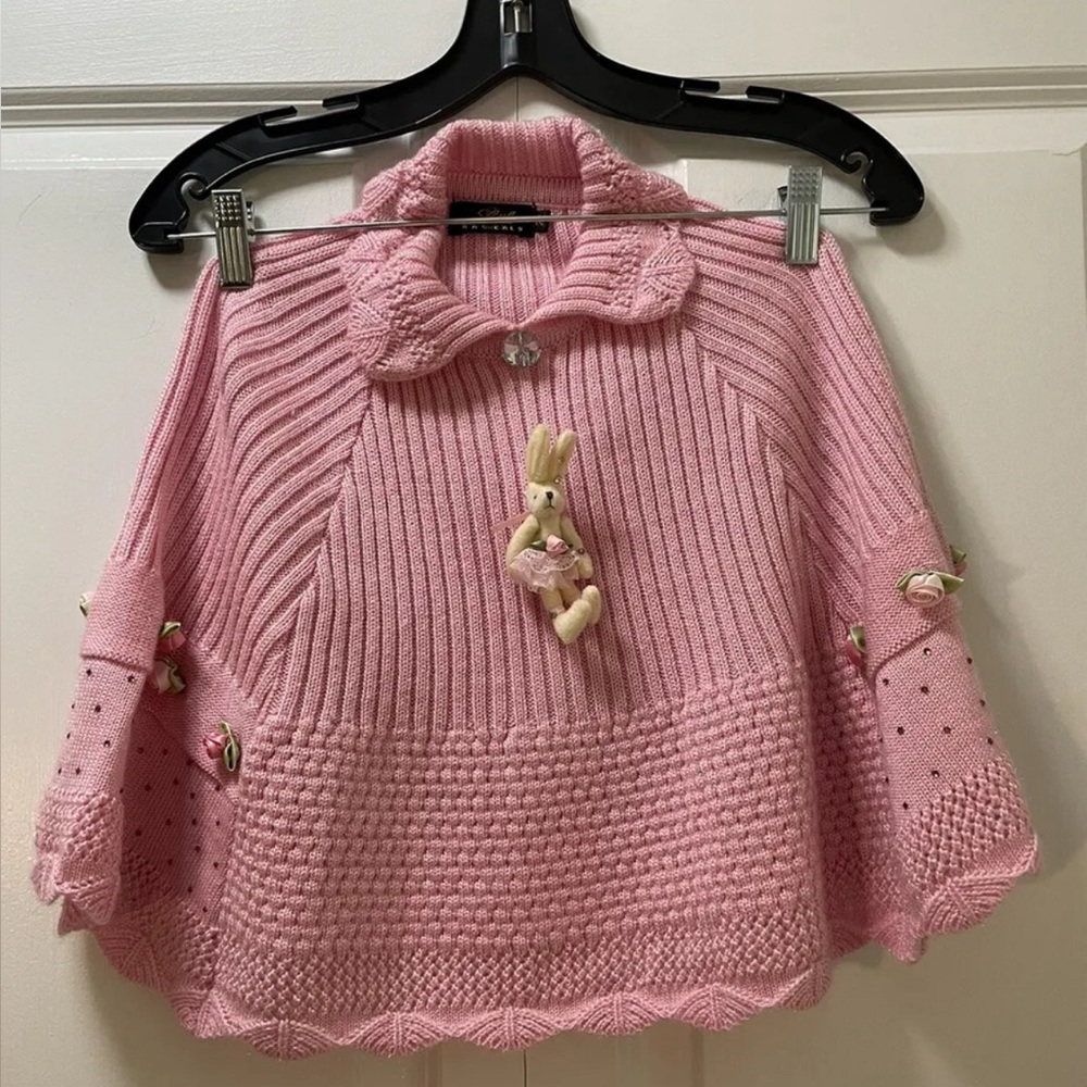 Little Rascals Pink Fancy Knit Shawl With Rabbit Roses Sparkles Girls 22 / 55cm